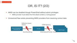 OR, IS IT? (2/2)
 AMSI can be disabled though PowerShell without admin privileges
 AMSI provider must detect the first attack content, or all bypassed
 Unresolved flaw exists preventing AMSI providers from receiving correct data
System.Management.
Automation.dll
Amsi.dll
Amsi.dll
Amsi.dll
AMSI Provider
AsmiScanString IAntimalwareProvider::Scan
COM Hijacking
Reflection-based
attacks
 