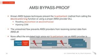 2017 CROWDSTRIKE, INC. ALL RIGHTS RESERVED.
AMSI BYPASS-PROOF
 Known AMSI bypass techniques prevent the ScanContent method from calling the
AmsiScanString function or using a proper AMSI provider DLL
 Resetting amsiContext or amsiInitFailed
 Hijacking COM
 The unresolved flaw prevents AMSI providers from receiving correct data from
AMSI.dll
 None affect the emulated logic since nor ScanContent nor an AMSI provider is
used
34
System.Management.
Automation.dll
Amsi.dll
Amsi.dll
Amsi.dll
AMSI Provider
Hooked
Code
AsmiScanString IAntimalwareProvider::Scan
 