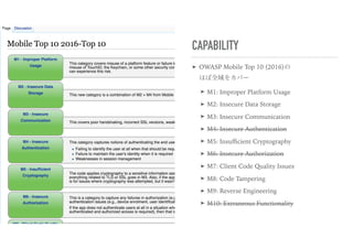CAPABILITY
➤ OWASP Mobile Top 10 (2016)の 
ほぼ全域をカバー
➤ M1: Improper Platform Usage
➤ M2: Insecure Data Storage
➤ M3: Insecure Communication
➤ M4: Insecure Authentication
➤ M5: Insuﬃcient Cryptography
➤ M6: Insecure Authorization
➤ M7: Client Code Quality Issues
➤ M8: Code Tampering
➤ M9: Reverse Engineering
➤ M10: Extraneous Functionality
 