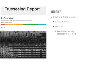 INTUITIVE
➤ 分かりやすく詳細なレポート
➤ HTML: 人間向け
➤ Text: CI向け
➤ Continuous security 
(継続的セキュリティ)
 