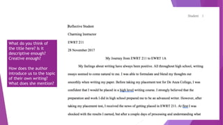 What do you think of
the title here? Is it
descriptive enough?
Creative enough?
How does the author
introduce us to the topic
of their own writing?
What does she mention?
 