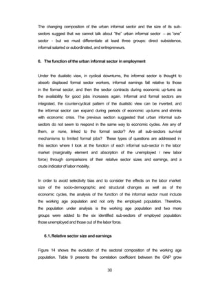 The changing composition of the urban informal sector and the size of its sub-sectors 
suggest that we cannot talk about “the” urban informal sector – as “one” 
sector - but we must differentiate at least three groups: direct subsistence, 
informal salaried or subordinated, and entrepreneurs. 
6. The function of the urban informal sector in employment 
Under the dualistic view, in cyclical downturns, the informal sector is thought to 
absorb displaced formal sector workers, informal earnings fall relative to those 
in the formal sector, and then the sector contracts during economic up-turns as 
the availability for good jobs increases again. Informal and formal sectors are 
integrated, the counter-cyclical pattern of the dualistic view can be inverted, and 
the informal sector can expand during periods of economic up-turns and shrinks 
with economic crisis. The previous section suggested that urban informal sub-sectors 
do not seem to respond in the same way to economic cycles. Are any of 
them, or none, linked to the formal sector? Are all sub-sectors survival 
mechanisms to limited formal jobs? These types of questions are addressed in 
this section where I look at the function of each informal sub-sector in the labor 
market (marginality element and absorption of the unemployed / new labor 
force) through comparisons of their relative sector sizes and earnings, and a 
crude indicator of labor mobility. 
In order to avoid selectivity bias and to consider the effects on the labor market 
size of the socio-demographic and structural changes as well as of the 
economic cycles, the analysis of the function of the informal sector must include 
the working age population and not only the employed population. Therefore, 
the population under analysis is the working age population and two more 
groups were added to the six identified sub-sectors of employed population: 
those unemployed and those out of the labor force. 
6.1.Relative sector size and earnings 
Figure 14 shows the evolution of the sectoral composition of the working age 
population. Table 9 presents the correlation coefficient between the GNP grow 
30 
 