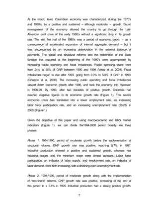 At the macro level, Colombian economy was characterized, during the 1970’s 
and 1980’s, by a positive and sustained – although moderate – growth. Sound 
management of the economy allowed the country to go through the Latin 
American debt crisis of the early 1980’s without a significant drop in its growth 
rate. The end first half of the 1990’s was a period of economic boom – as a 
consequence of accelerated expansion of internal aggregate demand – but it 
was accompanied by an increasing deterioration in the external balance of 
payments. The social and structural reforms and the redefinition of the State 
function that occurred at the beginning of the 1990’s were accompanied by 
increasing public spending and fiscal imbalances. Public spending share went 
from 24% to 36% of GNP between 1990 and 1998 (Vélez et al, 2001). Fiscal 
imbalances began to rise after 1993, going from 0.3% to 5.9% of GNP in 1999 
(Ocampo et al, 2000). The increasing public spending and fiscal imbalances 
slowed down economic growth after 1996, and took the economy into recession 
in 1998-99. By 1999, after two decades of positive growth, Colombia had 
reached negative figures in its economic growth rate (Figure 1). This severe 
economic crisis has translated into a lower employment rate, an increasing 
labor force participation rate, and an increasing unemployment rate (20.2% in 
2000) (Figure 1). 
Given the objective of this paper and using macroeconomic and labor market 
indicators (Figure 1), we can divide the1984-2000 period broadly into three 
phases: 
Phase 1: 1984-1990, period of moderate growth before the implementation of 
structural reforms. GNP growth rate was positive, reaching 5.7% in 1987. 
Industrial production showed a positive and sustained growth, whereas real 
industrial wages and the minimum wage were almost constant. Labor force 
participation, an indicator of labor supply, and employment rate, an indicator of 
labor demand, were both increasing, with a declining open unemployment rate. 
Phase 2: 1991-1995, period of moderate growth along with the implementation 
of “neo-liberal” reforms. GNP growth rate was positive, increasing at the end of 
this period to a 5.8% in 1995. Industrial production had a steady positive growth 
7 
 