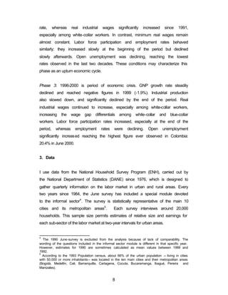 rate, whereas real industrial wages significantly increased since 1991, 
especially among white-collar workers. In contrast, minimum real wages remain 
almost constant. Labor force participation and employment rates behaved 
similarly: they increased slowly at the beginning of the period but declined 
slowly afterwards. Open unemployment was declining, reaching the lowest 
rates observed in the last two decades. These conditions may characterize this 
phase as an upturn economic cycle. 
Phase 3: 1996-2000 is period of economic crisis. GNP growth rate steadily 
declined and reached negative figures in 1999 (-1.9%). Industrial production 
also slowed down, and significantly declined by the end of the period. Real 
industrial wages continued to increase, especially among white-collar workers, 
increasing the wage gap differentials among white-collar and blue-collar 
workers. Labor force participation rates increased, especially at the end of the 
period, whereas employment rates were declining. Open unemployment 
significantly increased reaching the highest figure ever observed in Colombia: 
20.4% in June 2000. 
8 
3. Data 
I use data from the National Household Survey Program (ENH), carried out by 
the National Department of Statistics (DANE) since 1976, which is designed to 
gather quarterly information on the labor market in urban and rural areas. Every 
two years since 1984, the June survey has included a special module devoted 
to the informal sector4. The survey is statistically representative of the main 10 
cities and its metropolitan areas5. Each survey interviews around 20,000 
households. This sample size permits estimates of relative size and earnings for 
each sub-sector of the labor market at two-year intervals for urban areas. 
4 The 1990 June-survey is excluded from the analysis because of lack of comparability. The 
wording of the questions included in the informal sector module is different in that specific year. 
However, estimates for 1990 are sometimes calculated as mean values between 1988 and 
1992. 
5 According to the 1993 Population census, about 66% of the urban population -- living in cities 
with 50.000 or more inhabitants-- was located in the ten main cities and their metropolitan areas 
(Bogotá, Medellín, Cali, Barranquilla, Cartagena, Cúcuta, Bucaramanga, Ibagué, Pereira and 
Manizales). 
 