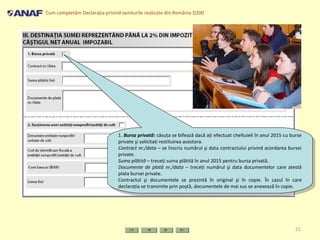 Cum completăm Declaraţia privind veniturile realizate din România D200
21
1. Bursa privată: căsuţa se bifează dacă aţi efectuat cheltuieli în anul 2015 cu burse
private şi solicitaţi restituirea acestora.
Contract nr./data – se înscriu numărul şi data contractului privind acordarea bursei
private.
Suma plătită – treceţi suma plătită în anul 2015 pentru bursa privată.
Documente de plată nr./data – treceţi numărul şi data documentelor care atestă
plata bursei private.
Contractul şi documentele se prezintă în original şi în copie. În cazul în care
declaraţia se transmite prin poştă, documentele de mai sus se anexează în copie.
1. Bursa privată: căsuţa se bifează dacă aţi efectuat cheltuieli în anul 2015 cu burse
private şi solicitaţi restituirea acestora.
Contract nr./data – se înscriu numărul şi data contractului privind acordarea bursei
private.
Suma plătită – treceţi suma plătită în anul 2015 pentru bursa privată.
Documente de plată nr./data – treceţi numărul şi data documentelor care atestă
plata bursei private.
Contractul şi documentele se prezintă în original şi în copie. În cazul în care
declaraţia se transmite prin poştă, documentele de mai sus se anexează în copie.
 