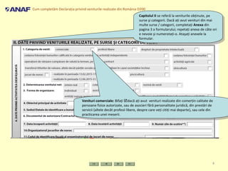 Cum completăm Declaraţia privind veniturile realizate din România D200
4
Venituri comerciale: Bifaţi dacă aţi avut venituri realizate din comerţin calitate de
persoane fizice autorizate, sau de asocieri fără personalitate juridică, din prestări de
servicii (altele decât profesii libere, despre care veţi citiţi mai departe), sau cele din
practicarea unei meserii.
Venituri comerciale: Bifaţi dacă aţi avut venituri realizate din comerţin calitate de
persoane fizice autorizate, sau de asocieri fără personalitate juridică, din prestări de
servicii (altele decât profesii libere, despre care veţi citiţi mai departe), sau cele din
practicarea unei meserii.
Capitolul II se referă la veniturile obţinute, pe
surse şi categorii. Dacă aţi avut venituri din mai
multe surse / categorii, completaţi Anexa din
pagina 3 a formularului; repetaţi anexa de câte ori
e nevoie şi numerotaţi-o. Ataşaţi anexele la
formular.
Capitolul II se referă la veniturile obţinute, pe
surse şi categorii. Dacă aţi avut venituri din mai
multe surse / categorii, completaţi Anexa din
pagina 3 a formularului; repetaţi anexa de câte ori
e nevoie şi numerotaţi-o. Ataşaţi anexele la
formular.
 