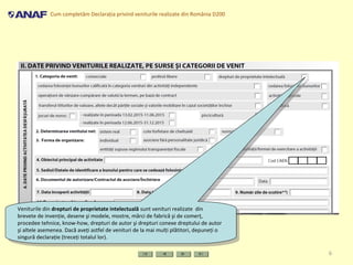Cum completăm Declaraţia privind veniturile realizate din România D200
6
Veniturile din drepturi de proprietate intelectuală sunt venituri realizate din
brevete de invenţie, desene şi modele, mostre, mărci de fabrică şi de comerţ,
procedee tehnice, know-how, drepturi de autor şi drepturi conexe dreptului de autor
şi altele asemenea. Dacă aveţi astfel de venituri de la mai mulţi plătitori, depuneţi o
singură declaraţie (treceţi totalul lor).
Veniturile din drepturi de proprietate intelectuală sunt venituri realizate din
brevete de invenţie, desene şi modele, mostre, mărci de fabrică şi de comerţ,
procedee tehnice, know-how, drepturi de autor şi drepturi conexe dreptului de autor
şi altele asemenea. Dacă aveţi astfel de venituri de la mai mulţi plătitori, depuneţi o
singură declaraţie (treceţi totalul lor).
 