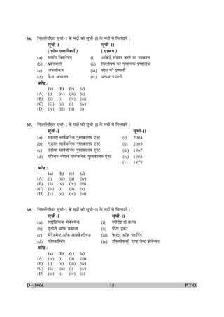 36.   çÙ•ÙçÜç¹Ì âê¿è-I ·ð¤ ×Îæð´ ·¤æð âê¿è-II ·ð¤ ×Îæð´ âð ç×Üæ§Øð Ñ
              âê¿è-I                           âê¿è-II
              (àææðÏ Âý‡ææçÜØæ¡)               (ÂýæM¤Â)
      (a) âæÚæ´àæ çßàÜðá‡æ               (i)   ¥æ´·¤Ç¸ð â´»ýãÙ ·¤ÚÙð ·¤æ ©Â·¤Ú‡æ
      (b) ÂýàÙæßÜè                       (ii) çßàÜðá‡æ ·¤è »é‡ææˆ×·¤ Âý‡ææçÜØæð´
      (c) ¥ßÜæð·¤Ù                       (iii) àææðÏ ·¤è Âý‡ææÜè
      (d) ·ð¤â ¥ŠØØÙ                     (iv) ÂýˆØÿæ Âý‡ææÜè
      ·¤æðÇ Ñ
                (a)     (b)     (c)     (d)
      (A)       (i)     (iv)    (iii)   (ii)
      (B)       (ii)    (i)     (iv)    (iii)
      (C)       (iii)   (ii)    (i)     (iv)
      (D)       (iv)    (iii)   (ii)    (i)


37.   çÙ•ÙçÜç¹Ì âê¿è-I ·ð¤ ×Îæð´ ·¤æð âê¿è-II ·ð¤ ×Îæð´ âð ç×Üæ§Øð Ñ
            âê¿è-I                                                   âê¿è-II
      (a) ×ãæÚæCþ âæßüÁçÙ·¤ ÂéSÌ·¤æÜØ °•Å                     (i)    2004
      (b) »é$ÁÚæÌ âæßüÁçÙ·¤ ÂéSÌ·¤æÜØ °•Å                     (ii) 2005
      (c) ©Ç¸èâæ âæßüÁçÙ·¤ ÂéSÌ·¤æÜØ °•Å                      (iii) 1967
      (d) Âçà¿× Õ´»æÜ âæßüÁçÙ·¤ ÂéSÌ·¤æÜØ °•Å                 (iv) 1988
                                                             (v)    1979
      ·¤æðÇ Ñ
                (a)     (b)     (c)     (d)
      (A)       (i)     (iii)   (ii)    (iv)
      (B)       (ii)    (v)     (iv)    (iii)
      (C)       (iii)   (i)     (ii)    (v)
      (D)       (v)     (ii)    (iv)    (iii)


38.   çÙ•ÙçÜç¹Ì âê¿è-I ·ð¤ ×Îæð´ ·¤æð âê¿è-II ·ð¤ ×Îæð´ âð ç×Üæ§Øð Ñ
              âê¿è-I                                    âê¿è-II
      (a) âæ§´çÅçÈ¤·¤ ×ðÙðÁ×ð‹Å                (i)      SÂèÚèÅ Çè ·ý¤æŒâ
      (b) ØéÙèÅè ¥æòÈ¤ ·¤×æ‹Ç                  (ii) ÂèÅÚ Çþ·¤Ú
      (c) ×ðÙðÁ×ð‹Å ¥æòÈ¤ ¥æ•Áð•ÅèßÁ           (iii) Èð¤•ÅÚ ¥æòÈ¤ ŒÜæçÙ´»
      (d) È¤æðÚ·¤æçSÅ´»                        (iv) §çÈ¤âèØ‹âè °‡Ç ßðSÅ Âýèßð‹âÙ
      ·¤æðÇ Ñ
                (a)     (b)     (c)     (d)
      (A)       (iv)    (i)     (ii)    (iii)
      (B)       (i)     (ii)    (iii)   (iv)
      (C)       (ii)    (iii)   (i)     (iv)
      (D)       (iii)   (i)     (iv)    (ii)

D—5906                                               15                            P.T.O.
 