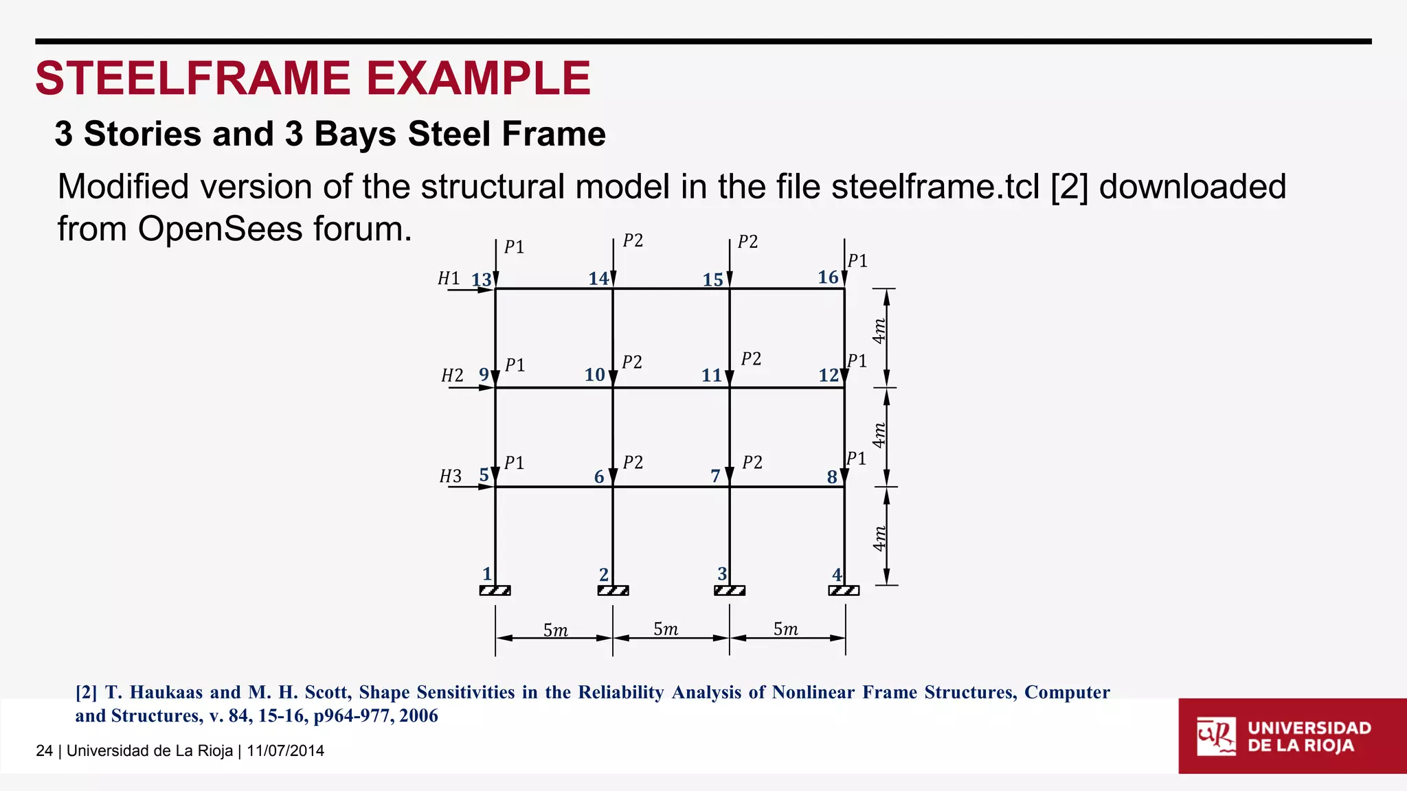 24| Universidad de La Rioja | 11/07/2014 
STEELFRAME EXAMPLE 
3 Stories and 3 Bays Steel Frame 
Modified version of the structural model in the file steelframe.tcl[2] downloaded from OpenSeesforum. 
[2]T.HaukaasandM.H.Scott,ShapeSensitivitiesintheReliabilityAnalysisofNonlinearFrameStructures,ComputerandStructures,v.84,15-16,p964-977,2006 
1 2 3 1 1 2 2 5 5 5 4 4 4 1 1 1 1 2 2 2 2  