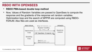 10| Universidad de La Rioja | 11/07/2014 
RBDO WITH OPENSEES 
•RBDO PMA-based double loop method 
•Now, Values of Random Variables are passed to OpenSeesto compute the response and the gradients of the response wrtrandom variables. Optimization loop and the search of MPPIR are computed using RBDO- FERUM. Also files are used as interfaces. 
Write VECTORDATA.tcl 
Random Variables, 
푋푖푖=1,…,푁 
Optimization 
Loop 
Sensitivity 
Analysis 
Call !OpenSeesfilegrad.tcl 
Read RES.out 
ReadGRADRES.out 
Reliability 
Loop 
RBDO-FERUM 
OPENSEES  