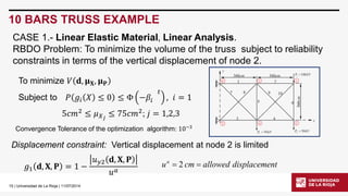 15 | Universidad de La Rioja | 11/07/2014 
10 BARS TRUSS EXAMPLE 
CASE 1.- Linear Elastic Material, Linear Analysis. 
RBDO Problem: To minimize the volume of the truss subject to reliability 
constraints in terms of the vertical displacement of node 2. 
To minimize 푉 퐝, 훍퐗, 훍퐏 
Subject to 푃 푔푖 푋 ≤ 0 ≤ Φ −훽푖 
푡 
, 푖 = 1 
5푐푚2 ≤ 휇푋푗 ≤ 75푐푚2; 푗 = 1,2,3 
Displacement constraint: Vertical displacement at node 2 is limited 
u cm allowed displacement a 푔  2  1 퐝, 퐗, 퐏 = 1 − 
푢푦2 퐝, 퐗, 퐏 
푢푎 
Convergence Tolerance of the optimization algorithm: 10−3 
 