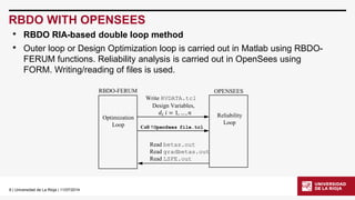 9| Universidad de La Rioja | 11/07/2014 
RBDO WITH OPENSEES 
•RBDO RIA-based double loop method 
•Outer loop or Design Optimization loop is carried out in Matlabusing RBDO- FERUM functions. Reliability analysis is carried out in OpenSeesusing FORM. Writing/reading of files is used. 
Write RVDATA.tcl 
Design Variables, 
푑푖푖=1,…,푛 
Optimization 
Loop 
RBDO-FERUM 
Call !OpenSeesfile.tcl 
Read betas.out 
Readgradbetas.out 
ReadLSFE.out 
OPENSEES 
Reliability 
Loop  