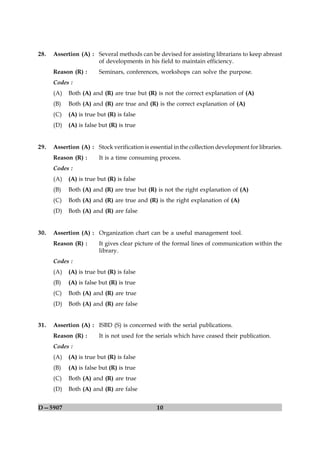 28.   Assertion (A) : Several methods can be devised for assisting librarians to keep abreast
                      of developments in his field to maintain efficiency.
      Reason (R) :      Seminars, conferences, workshops can solve the purpose.
      Codes :
      (A)   Both (A) and (R) are true but (R) is not the correct explanation of (A)
      (B)   Both (A) and (R) are true and (R) is the correct explanation of (A)
      (C)   (A) is true but (R) is false
      (D)   (A) is false but (R) is true


29.   Assertion (A) : Stock verification is essential in the collection development for libraries.
      Reason (R) :      It is a time consuming process.
      Codes :
      (A)   (A) is true but (R) is false
      (B)   Both (A) and (R) are true but (R) is not the right explanation of (A)
      (C)   Both (A) and (R) are true and (R) is the right explanation of (A)
      (D)   Both (A) and (R) are false


30.   Assertion (A) : Organization chart can be a useful management tool.
      Reason (R) :      It gives clear picture of the formal lines of communication within the
                        library.
      Codes :
      (A)   (A) is true but (R) is false
      (B)   (A) is false but (R) is true
      (C)   Both (A) and (R) are true
      (D)   Both (A) and (R) are false


31.   Assertion (A) : ISBD (S) is concerned with the serial publications.
      Reason (R) :      It is not used for the serials which have ceased their publication.
      Codes :
      (A)   (A) is true but (R) is false
      (B)   (A) is false but (R) is true
      (C)   Both (A) and (R) are true
      (D)   Both (A) and (R) are false


D—5907                                         10
 