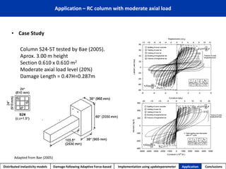 Distributed inelasticity models 
Damage-following Adaptive Force-based 
Implementation usingupdateparameter 
Application 
Conclusions 
Application –RC column with moderate axial load 
Column S24-5T tested by Bae (2005). 
Aprox. 3.00 m height 
Section 0.610 x 0.610 m2 
Moderate axial load level (20%) 
Damage Length = 0.47H=0.287m 
•Case Study 
Adapted from Bae (2005)  
