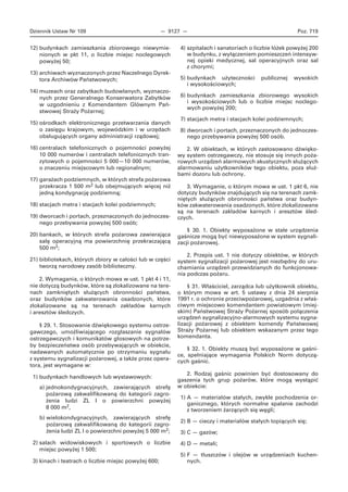 Dziennik Ustaw Nr 109 — 9127 — Poz. 719
12) budynkach zamieszkania zbiorowego niewymie-
nionych w pkt 11, o liczbie miejsc noclegowych
powyżej 50;
13) archiwach wyznaczonych przez Naczelnego Dyrek-
tora Archiwów Państwowych;
14) muzeach oraz zabytkach budowlanych, wyznaczo-
nych przez Generalnego Konserwatora Zabytków
w uzgodnieniu z Komendantem Głównym Pań-
stwowej Straży Pożarnej;
15) ośrodkach elektronicznego przetwarzania danych
o zasięgu krajowym, wojewódzkim i w urzędach
obsługujących organy administracji rządowej;
16) centralach telefonicznych o pojemności powyżej
10 000 numerów i centralach telefonicznych tran-
zytowych o pojemności 5 000—10 000 numerów,
o znaczeniu miejscowym lub regionalnym;
17) garażach podziemnych, w których strefa pożarowa
przekracza 1 500 m2 lub obejmujących więcej niż
jedną kondygnację podziemną;
18) stacjach metra i stacjach kolei podziemnych;
19) dworcach i portach, przeznaczonych do jednoczes-
nego przebywania powyżej 500 osób;
20) bankach, w których strefa pożarowa zawierająca
salę operacyjną ma powierzchnię przekraczającą
500 m2;
21) bibliotekach, których zbiory w całości lub w części
tworzą narodowy zasób biblioteczny.
2. Wymagania, o których mowa w ust. 1 pkt 4 i 11,
nie dotyczą budynków, które są zlokalizowane na tere-
nach zamkniętych służących obronności państwa,
oraz budynków zakwaterowania osadzonych, które
zlokalizowane są na terenach zakładów karnych
i aresztów śledczych.
§ 29. 1. Stosowanie dźwiękowego systemu ostrze-
gawczego, umożliwiającego rozgłaszanie sygnałów
ostrzegawczych i komunikatów głosowych na potrze-
by bezpieczeństwa osób przebywających w obiekcie,
nadawanych automatycznie po otrzymaniu sygnału
z systemu sygnalizacji pożarowej, a także przez opera-
tora, jest wymagane w:
1) budynkach handlowych lub wystawowych:
a) jednokondygnacyjnych, zawierających strefę
pożarową zakwalifikowaną do kategorii zagro-
żenia ludzi ZL I o powierzchni powyżej
8 000 m2,
b) wielokondygnacyjnych, zawierających strefę
pożarową zakwalifikowaną do kategorii zagro-
żenia ludzi ZL I o powierzchni powyżej 5 000 m2;
2) salach widowiskowych i sportowych o liczbie
miejsc powyżej 1 500;
3) kinach i teatrach o liczbie miejsc powyżej 600;
4) szpitalach i sanatoriach o liczbie łóżek powyżej 200
w budynku, z wyłączeniem pomieszczeń intensyw-
nej opieki medycznej, sal operacyjnych oraz sal
z chorymi;
5) budynkach użyteczności publicznej wysokich
i wysokościowych;
6) budynkach zamieszkania zbiorowego wysokich
i wysokościowych lub o liczbie miejsc noclego-
wych powyżej 200;
7) stacjach metra i stacjach kolei podziemnych;
8) dworcach i portach, przeznaczonych do jednoczes-
nego przebywania powyżej 500 osób.
2. W obiektach, w których zastosowano dźwięko-
wy system ostrzegawczy, nie stosuje się innych poża-
rowych urządzeń alarmowych akustycznych służących
alarmowaniu użytkowników tego obiektu, poza służ-
bami dozoru lub ochrony.
3. Wymaganie, o którym mowa w ust. 1 pkt 6, nie
dotyczy budynków znajdujących się na terenach zamk-
niętych służących obronności państwa oraz budyn-
ków zakwaterowania osadzonych, które zlokalizowane
są na terenach zakładów karnych i aresztów śled-
czych.
§ 30. 1. Obiekty wyposażone w stałe urządzenia
gaśnicze mogą być niewyposażone w system sygnali-
zacji pożarowej.
2. Przepis ust. 1 nie dotyczy obiektów, w których
system sygnalizacji pożarowej jest niezbędny do uru-
chamiania urządzeń przewidzianych do funkcjonowa-
nia podczas pożaru.
§ 31. Właściciel, zarządca lub użytkownik obiektu,
o którym mowa w art. 5 ustawy z dnia 24 sierpnia
1991 r. o ochronie przeciwpożarowej, uzgadnia z właś-
ciwym miejscowo komendantem powiatowym (miej-
skim) Państwowej Straży Pożarnej sposób połączenia
urządzeń sygnalizacyjno-alarmowych systemu sygna-
lizacji pożarowej z obiektem komendy Państwowej
Straży Pożarnej lub obiektem wskazanym przez tego
komendanta.
§ 32. 1. Obiekty muszą być wyposażone w gaśni-
ce, spełniające wymagania Polskich Norm dotyczą-
cych gaśnic.
2. Rodzaj gaśnic powinien być dostosowany do
gaszenia tych grup pożarów, które mogą wystąpić
w obiekcie:
1) A — materiałów stałych, zwykle pochodzenia or-
ganicznego, których normalne spalanie zachodzi
z tworzeniem żarzących się węgli;
2) B — cieczy i materiałów stałych topiących się;
3) C — gazów;
4) D — metali;
5) F — tłuszczów i olejów w urządzeniach kuchen-
nych.
 