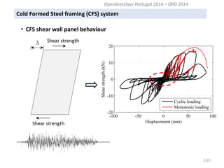 5/22 
PGA: 0.25 
Max. displacement: 24.0 mm 
OpenSeesDays Portugal 2014 – OPD 2014 
Cold Formed Steel framing (CFS) system 
• CFS shear wall panel behaviour 
 