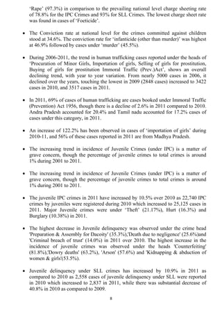 ‘Rape’ (97.3%) in comparison to the prevailing national level charge sheeting rate
   of 78.8% for the IPC Crimes and 93% for SLL Crimes. The lowest charge sheet rate
   was found in cases of ‘Foeticide’.

• The Conviction rate at national level for the crimes committed against children
  stood at 34.6%. The conviction rate for ‘infanticide (other than murder)’ was highest
  at 46.9% followed by cases under ‘murder’ (45.5%).

• During 2006-2011, the trend in human trafficking cases reported under the heads of
  ‘Procuration of Minor Girls, Importation of girls, Selling of girls for prostitution,
  Buying of girls for prostitution Immoral Traffic (Prev.)Act’, shows an overall
  declining trend, with year to year variation. From nearly 5000 cases in 2006, it
  declined over the years, touching the lowest in 2009 (2848 cases) increased to 3422
  cases in 2010, and 3517 cases in 2011.

• In 2011, 69% of cases of human trafficking are cases booked under Immoral Traffic
  (Prevention) Act 1956, though there is a decline of 2.6% in 2011 compared to 2010.
  Andra Pradesh accounted for 20.4% and Tamil nadu accounted for 17.2% cases of
  cases under this category, in 2011.

• An increase of 122.2% has been observed in cases of ‘importation of girls’ during
  2010-11, and 56% of these cases reported in 2011 are from Madhya Pradesh.

• The increasing trend in incidence of Juvenile Crimes (under IPC) is a matter of
  grave concern, though the percentage of juvenile crimes to total crimes is around
  1% during 2001 to 2011.

• The increasing trend in incidence of Juvenile Crimes (under IPC) is a matter of
  grave concern, though the percentage of juvenile crimes to total crimes is around
  1% during 2001 to 2011.

• The juvenile IPC crimes in 2011 have increased by 10.5% over 2010 as 22,740 IPC
  crimes by juveniles were registered during 2010 which increased to 25,125 cases in
  2011. Major Juvenile crimes were under ‘Theft’ (21.17%), Hurt (16.3%) and
  Burglary (10.38%) in 2011.

• The highest decrease in Juvenile delinquency was observed under the crime head
  'Preparation & Assembly for Dacoity' (35.3%),'Death due to negligence' (25.6%)and
  'Criminal breach of trust' (14.0%) in 2011 over 2010. The highest increase in the
  incidence of juvenile crimes was observed under the heads 'Counterfeiting'
  (81.8%),'Dowry deaths' (63.2%), 'Arson' (57.6%) and 'Kidnapping & abduction of
  women & girls'(53.5%).

• Juvenile delinquency under SLL crimes has increased by 10.9% in 2011 as
  compared to 2010 as 2,558 cases of juvenile delinquency under SLL were reported
  in 2010 which increased to 2,837 in 2011, while there was substantial decrease of
  40.8% in 2010 as compared to 2009.
                                         8
 