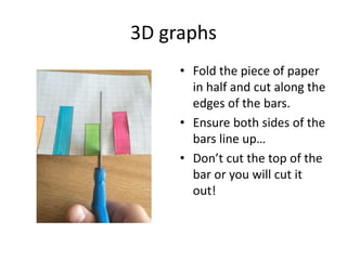 3D graphs
• Fold the piece of paper
in half and cut along the
edges of the bars.
• Ensure both sides of the
bars line up…
...