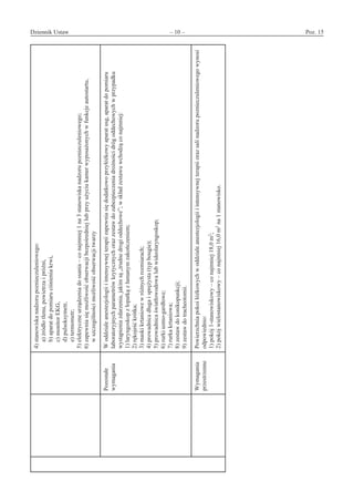Dziennik Ustaw	 – 10 – 	 Poz. 15
﻿
4)stanowiskanadzorupoznieczuleniowego:
a)źródłotlenu,powietrzai próżni,
b)aparatdopomiaruciśnieniakrwi,
c)monitorEKG,
d)pulsoksymetr,
e)termometr;
5)elektryczneurządzeniadossania–conajmniej1na3stanowiskanadzorupoznieczuleniowego;
6)zapewniasięmożliwośćobserwacjibezpośredniejlubprzyużyciukamerwyposażonychw funkcjeautostartu,
w szczególnościmożliwośćobserwacjitwarzy
Pozostałe
wymagania
W oddzialeanestezjologiii intensywnejterapiizapewniasiędodatkowoprzyłóżkowyaparatusg,aparatdopomiaru
laboratoryjnychparametrówkrytycznychorazzestawdozabezpieczeniadrożnościdrógoddechowychw przypadku
wystąpieniazdarzenia,jakimsą„trudnedrogioddechowe”;w składzestawuwchodząconajmniej:
1)laryngoskopz łopatkąz łamanymzakończeniem;
2)rękojeśćkrótka;
3)maskikrtaniowew różnychrozmiarach;
4)prowadnicadługai sprężysta(typbougie);
5)prowadnicaświatłowodowalubwideolaryngoskop;
6)rurkiustno-gardłowe;
7)rurkakrtaniowa;
8)zestawdokonikopunkcji;
9)zestawdotracheotomii.
Wymagania
przestrzenne
Powierzchniapokoiłóżkowychw oddzialeanestezjologiii intensywnejterapiiorazsalinadzorupoznieczuleniowegowynosi
odpowiednio:
1)pokój1-stanowiskowy–conajmniej18,0m2
;
2)pokójwielostanowiskowy–conajmniej16,0m2
na1stanowisko.
www.rcl.gov.pl
 