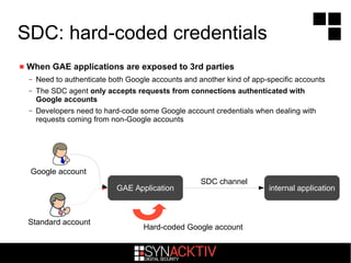 SDC: hard-coded credentials
 When GAE applications are exposed to 3rd parties
– Need to authenticate both Google accounts and another kind of app-specific accounts
– The SDC agent only accepts requests from connections authenticated with
Google accounts
– Developers need to hard-code some Google account credentials when dealing with
requests coming from non-Google accounts
GAE Application
Google account
Standard account
internal application
SDC channel
Hard-coded Google account
 