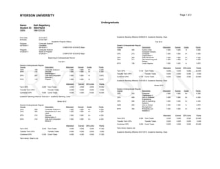 RYERSON UNIVERSITY Page 1 of 3
Undergraduate
Name: Seth Nagelberg
Student ID: 500476244
OEN: 196133128
Print Date: 01/31/2017
Birthdate: 07/25/1987
Academic Program History
Program: Computer Science
05/16/2011: Cancelled
05/16/2011: COMPUTER SCIENCE Major
Program: Computer Science
07/26/2011: Active in Program
07/26/2011: COMPUTER SCIENCE Major
Beginning of Undergraduate Record
Fall 2011
Session:Undergraduate Regular
Course Description Attempted Earned Grade Points
CPS 109 Computer Science I 1.000 1.000 A+ 4.330
MTH 110 Discrete
Mathematics I
1.000 1.000 A+ 4.330
MTH 207 Calc and Computatnl
Methods I
1.000 1.000 A- 3.670
PCS 110 Physics 1.000 1.000 A- 3.670
Attempted Earned GPA Units Points
Term GPA 4.000 Term Totals 4.000 4.000 4.000 16.000
Transfer Term GPA Transfer Totals 0.000 0.000 0.000 0.000
Combined GPA 4.000 Comb Totals 4.000 4.000 4.000 16.000
Academic Standing Effective 12/21/2011: Academic Standing: Clear
Winter 2012
Session:Undergraduate Regular
Course Description Attempted Earned Grade Points
CPS 209 Computer Science II 1.000 1.000 A+ 4.330
CPS 393 Introduction to C and
UNIX
1.000 1.000 A+ 4.330
MTH 210 Discrete
Mathematics II
1.000 1.000 A+ 4.330
MTH 310 Calc and Computatnl
Mthds II
1.000 1.000 A+ 4.330
Attempted Earned GPA Units Points
Term GPA 4.330 Term Totals 4.000 4.000 4.000 17.320
Transfer Term GPA Transfer Totals 0.000 0.000 0.000 0.000
Combined GPA 4.330 Comb Totals 4.000 4.000 4.000 17.320
Term Honor: Dean's List
Academic Standing Effective 05/09/2012: Academic Standing: Clear
Fall 2012
Session:Undergraduate Regular
Course Description Attempted Earned Grade Points
CMN 300 Comm in the
Computer Industry
1.000 1.000 A 4.000
CPS 213 Computer
Organization I
1.000 1.000 A+ 4.330
CPS 305 Data Structures 1.000 1.000 A+ 4.330
CPS 311 Obj Orient Prog and
Design
1.000 1.000 A+ 4.330
MTH 108 Linear Algebra 1.000 1.000 A- 3.670
Attempted Earned GPA Units Points
Term GPA 4.130 Term Totals 5.000 5.000 5.000 20.660
Transfer Term GPA Transfer Totals 0.000 0.000 0.000 0.000
Combined GPA 4.130 Comb Totals 5.000 5.000 5.000 20.660
Academic Standing Effective 12/21/2012: Academic Standing: Clear
Winter 2013
Session:Undergraduate Regular
Course Description Attempted Earned Grade Points
CPS 310 Computer
Organization II
1.000 1.000 A+ 4.330
CPS 406 Intro to Software
Engineering
1.000 1.000 A+ 4.330
CPS 590 Intro to Operating
Systems
1.000 1.000 A+ 4.330
GMS 200 Intro to Global
Management
1.000 1.000 A- 3.670
MTH 304 Probability and
Statistics I
1.000 1.000 A+ 4.330
Attempted Earned GPA Units Points
Term GPA 4.200 Term Totals 5.000 5.000 5.000 20.990
Transfer Term GPA Transfer Totals 0.000 0.000 0.000 0.000
Combined GPA 4.200 Comb Totals 5.000 5.000 5.000 20.990
Term Honor: Dean's List
Academic Standing Effective 05/21/2013: Academic Standing: Clear
 