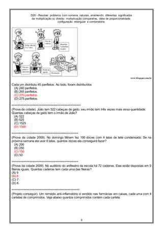 D20 - Resolver problema com números naturais, envolvendo diferentes significados
da multiplicação ou divisão: multiplicação comparativa, idéia de proporcionalidade,
configuração retangular e combinatória.
8
www.blogspot.com.br
Cada um distribuiu 45 panfletos. Ao todo, foram distribuídos
(A) 240 panfletos.
(B) 265 panfletos.
(C) 270 panfletos.
(D) 275 panfletos.
********************************************************
(Prova da cidade). João tem 522 cabeças de gado, seu irmão tem três vezes mais essa quantidade.
Quantas cabeças de gado tem o irmão de João?
(A) 522
(B) 525
(C) 1525
(D) 1566
******************************************************
(Prova da cidade 2009). No domingo Míriam fez 100 doces com 4 latas de leite condensado. Se na
próxima semana ela usar 6 latas, quantos doces ela conseguirá fazer?
(A) 200
(B) 250
(C) 150
(D) 50
******************************************************
(Prova da cidade 2009). No auditório do anfiteatro da escola há 72 cadeiras. Elas estão dispostas em 9
fileiras iguais. Quantas cadeiras tem cada uma das fileiras?
(A) 9
(B) 8
(C) 7
(D) 6
*******************************************************
(Projeto conseguir). Um remédio anti-inflamatório é vendido nas farmácias em caixas, cada uma com 4
cartelas de comprimidos. Veja abaixo quantos comprimidos contém cada cartela:
 
