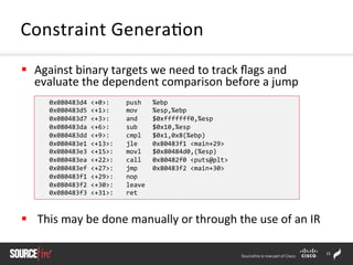 15	
  
§  Against	
  binary	
  targets	
  we	
  need	
  to	
  track	
  ﬂags	
  and	
  
evaluate	
  the	
  dependent	
  comparison	
  before	
  a	
  jump	
  
	
  	
  
§  	
  This	
  may	
  be	
  done	
  manually	
  or	
  through	
  the	
  use	
  of	
  an	
  IR	
  
Constraint	
  Genera;on	
  
	
  	
  	
  0x080483d4	
  <+0>: 	
  push	
  	
  	
  %ebp	
  
	
  	
  	
  0x080483d5	
  <+1>: 	
  mov	
  	
  	
  	
  %esp,%ebp	
  
	
  	
  	
  0x080483d7	
  <+3>: 	
  and	
  	
  	
  	
  $0xfffffff0,%esp	
  
	
  	
  	
  0x080483da	
  <+6>: 	
  sub	
  	
  	
  	
  $0x10,%esp	
  
	
  	
  	
  0x080483dd	
  <+9>: 	
  cmpl	
  	
  	
  $0x1,0x8(%ebp)	
  
	
  	
  	
  0x080483e1	
  <+13>: 	
  jle	
  	
  	
  	
  0x80483f1	
  <main+29>	
  
	
  	
  	
  0x080483e3	
  <+15>: 	
  movl	
  	
  	
  $0x80484d0,(%esp)	
  
	
  	
  	
  0x080483ea	
  <+22>: 	
  call	
  	
  	
  0x80482f0	
  <puts@plt>	
  
	
  	
  	
  0x080483ef	
  <+27>: 	
  jmp	
  	
  	
  	
  0x80483f2	
  <main+30>	
  
	
  	
  	
  0x080483f1	
  <+29>: 	
  nop	
  
	
  	
  	
  0x080483f2	
  <+30>: 	
  leave	
  	
  	
  
	
  	
  	
  0x080483f3	
  <+31>: 	
  ret	
  	
  
 