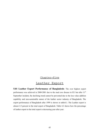 Chapter-FiveChapter-Five
Leather ExportLeather Export
5.01 Leather Export Performance of Bangladesh: The ever highest export
performance was achieved in 2000-2001 due to the mad cow disease in EU but after 11th
September incident, the declining trend cannot be prevented due to the less value addition
capability and non-sustainable nature of the leather sector industry of Bangladesh. The
export performance of Bangladesh after 1999 is shown in table4.1. The Leather export is
almost 2.5 percent to the total export of Bangladesh. Table 4.2 shows how the percentage
of leather export to the total export is decreasing year after year.
43
 