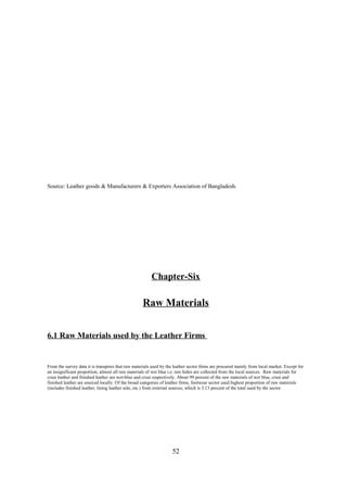 Source: Leather goods & Manufacturers & Exporters Association of Bangladesh.
Chapter-Six
Raw Materials
6.1 Raw Materials used by the Leather Firms
From the survey data it is transpires that raw materials used by the leather sector firms are procured mainly from local market. Except for
an insignificant proportion, almost all raw materials of wet blue i.e. raw hides are collected from the local sources. Raw materials for
crust leather and finished leather are wet-blue and crust respectively. About 99 percent of the raw materials of wet blue, crust and
finished leather are sourced locally. Of the broad categories of leather firms, footwear sector used highest proportion of raw materials
(includes finished leather, lining leather sole, etc.) from external sources, which is 3.13 percent of the total used by the sector.
52
 