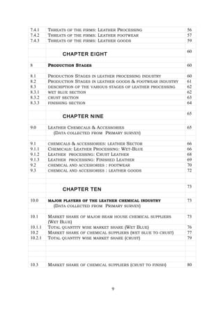 7.4.1 THREATS OF THE FIRMS: LEATHER PROCESSING 56
7.4.2 THREATS OF THE FIRMS: LEATHER FOOTWEAR 57
7.4.3 THREATS OF THE FIRMS: LEATHER GOODS 59
CHAPTER EIGHT
60
8 PRODUCTION STAGES 60
8.1 PRODUCTION STAGES IN LEATHER PROCESSING INDUSTRY 60
8.2 PRODUCTION STAGES IN LEATHER GOODS & FOOTWEAR INDUSTRY 61
8.3 DESCRIPTION OF THE VARIOUS STAGES OF LEATHER PROCESSING 62
8.3.1 WET BLUE SECTION 62
8.3.2 CRUST SECTION 63
8.3.3 FINISHING SECTION 64
CHAPTER NINE
65
9.0 LEATHER CHEMICALS & ACCESSORIES 65
(DATA COLLECTED FROM PRIMARY SURVEY)
9.1 CHEMICALS & ACCESSIORIES: LEATHER SECTOR 66
9.1.1 CHEMICALS: LEATHER PROCESSING: WET-BLUE 66
9.1.2 LEATHER PROCESSING: CRUST LEATHER 68
9.1.3 LEATHER PROCESSING: FINISHED LEATHER 69
9.2 CHEMICAL AND ACCESIORIES : FOOTWEAR 70
9.3 CHEMICAL AND ACCESIORIES : LEATHER GOODS 72
CHAPTER TEN
73
10.0 MAJOR PLAYERS OF THE LEATHER CHEMICAL INDUSTRY 73
(DATA COLLECTED FROM PRIMARY SURVEY)
10.1 MARKET SHARE OF MAJOR BEAM HOUSE CHEMICAL SUPPLIERS
(WET BLUE)
73
10.1.1 TOTAL QUANTITY WISE MARKET SHARE (WET BLUE) 76
10.2 MARKET SHARE OF CHEMICAL SUPPLIERS (WET BLUE TO CRUST) 77
10.2.1 TOTAL QUANTITY WISE MARKET SHARE (CRUST) 79
10.3 MARKET SHARE OF CHEMICAL SUPPLIERS (CRUST TO FINISH) 80
9
 