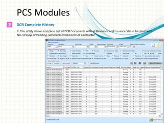 PCS Modules
DCR Complete History
 This utility shows complete List of DCR Documents with all Revisions and Issuance Status to client with
No. Of Days of Pending Comments from Client or Contractor.
 