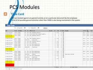 PCS Modules
Time Card
MH are booked against any general activity or on a particular document by the employee.
A list of all possible general activities other than FWBS is also being maintained in the system.
 