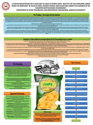 A POSTER PRESENTATION ON “A NEW WAY TO LOOK AT POTATO CHIPS- HEALTHY FOR THE CONSUMER, GREEN
FROM THE PRODUCER” BY KAUSTUV BOSE, RAJDEEP GHOSAL AND PALASH DAS UNDER THE GUIDANCE OF DR.
PARAMITA BHATTACHARJEE CHAKRABORTI.
DEPARTMENT OF FOOD TECHNOLOGY AND BIOCHEMICAL ENGINEERING, JADAVPUR UNIVERSITY
The Process
 