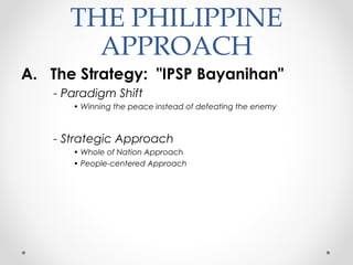 THE PHILIPPINE
APPROACH
A. The Strategy: "IPSP Bayanihan"
- Paradigm Shift
• Winning the peace instead of defeating the enemy
- Strategic Approach
• Whole of Nation Approach
• People-centered Approach