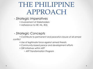 THE PHILIPPINE
APPROACH
- Strategic Imperatives
• Involvement of Stakeholders
• Adherence to HR, IHL, ROL
- Strategic Concepts
• Contribute to permanent and peaceful closure of all armed
conflict
• Use of legitimate force against armed threats
• Community-based peace and development efforts
• SSR initiatives within AFP
~ AFP Transformation Program