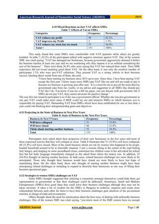 American Research Journal of Humanities Social Science (ARJHSS)R) 2019
ARJHSS Journal www.arjhss.com Page | 41
4.10 Mixed Reactions on how VAT affects SMEs
Table 7: Effects of Vat on SMEs
Categories Frequency Percentage
VAT reduces my profit 94 62.2%
VAT improves my Profit 2 1.3%
VAT reduces my stock has too much 55 36.4%
Total = 151 100%
This study found that some SMEs were comfortable with VAT payment while others are greatly
troubled. In table 7, 62.2% of the participants talked with negative emotions against VAT. One of the women
SME was cited saying, “VAT has damaged our businesses, because government aggressively demand it before
the business reaches at least one year and we are wondering why they impose it to us without considering the
size of the business”. There were those 26.4% who were saying that VAT has reduced their stock. Their SME
experience did not reveal anything good about VAT. On the other hand, it was only the smallest number of
participants 1.3% who were pro-VAT collection. They praised VAT as a strong vehicle to their business
success. Quoting direct words from one of them, she said,
“I have been running my business since 2015 up to now. Since then, I have been paying VAT
except the first year. I know many more SMEs pay VAT like me and still am ready to pay it
because my business is growing year after year. It is a must for me to pay all the taxes that my
government asks from me. Lastly, in my advice and suggestion to all SMEs like should pay
VAT like I do. You know if you are a full tax payer, you can discuss with government, but if
SMEs do not pay VAT, they cannot advocate for positive change.”
The way this last research participant is as if she was a government official. Whether she was pro-government or
not, pay VAT could make more sense if MOF could lay out and sensitize SMEs on which business size is
responsible for paying VAT. Demanding VAT from SMEs which have been established for one or less than a
year could risk blocking their entrepreneurship goals and objectives.
4.11 Projecting in the State of Business in Next Five Years
Table 8: State of Business in the Next Five Years
Business in Next 5 Years Frequency Percentage
Will have collapsed 51 33.8%
Will have closed 48 31.8%
Think about starting another business 52 34.4%
Total 151 100%
Participants were asked about their projection of their own businesses in the five years and most of
them expressed worries that they will collapse or close. Table 8 illustrates that 51 (33.8%) will have collapsed;
48 (31.8%) will have closed. Most of the small business which are run by women who happened to be single-
headed household seemed to be in miserable situation. I saw a woman sitting in the corner of the road feeling
tied, hungry, and sleeping on some secondhand closes, sometimes her children come to her and asked for school
fees but her body language immediately changed as she asked them where the money was. In addition, 52
(34.4%) thought of starting another business. In both cases, related business challenges are more likely to be
anticipated. Those who thought their business would have closed are most likely to have lost hope of
maintaining them. On the other hand, those who thought of starting another business might have been
anticipating related challenges or intending to expand or diversify their businesses as one way of filling their
business operational gaps.
4.12 Strategies to women SMEs challenges on VAT
Some SMEs thought suggested that selecting a committee amongst themselves could help them get
representation in government so that their challenges could be addressed. Sometimes, Small and Medium
Entrepreneurs (SMEs) have good ideas that could solve their business challenges although they may not be
taken seriously. It takes a lot of wisdom for the SMEs in Hargeisa to mobilize, organize and create close
relationships between each other for them to have their business challenges gain attention of the government
ministry in charge of trade and investments.
Others thought about the need for sensitization about the best ways of dealing with unfriendly business
challenges. One of the women SME was cited saying, “you know most of the SME owners have no enough
 