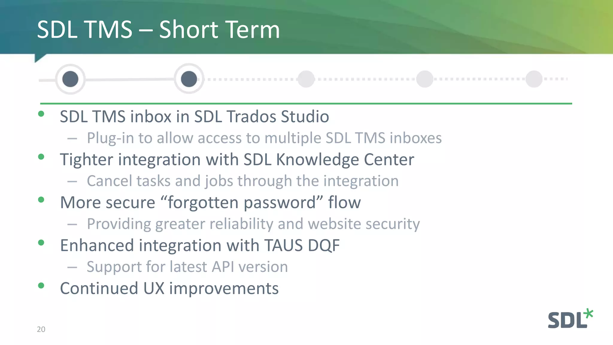 • SDL TMS inbox in SDL Trados Studio
– Plug-in to allow access to multiple SDL TMS inboxes
• Tighter integration with SDL Knowledge Center
– Cancel tasks and jobs through the integration
• More secure “forgotten password” flow
– Providing greater reliability and website security
• Enhanced integration with TAUS DQF
– Support for latest API version
• Continued UX improvements
20
SDL TMS – Short Term
 
