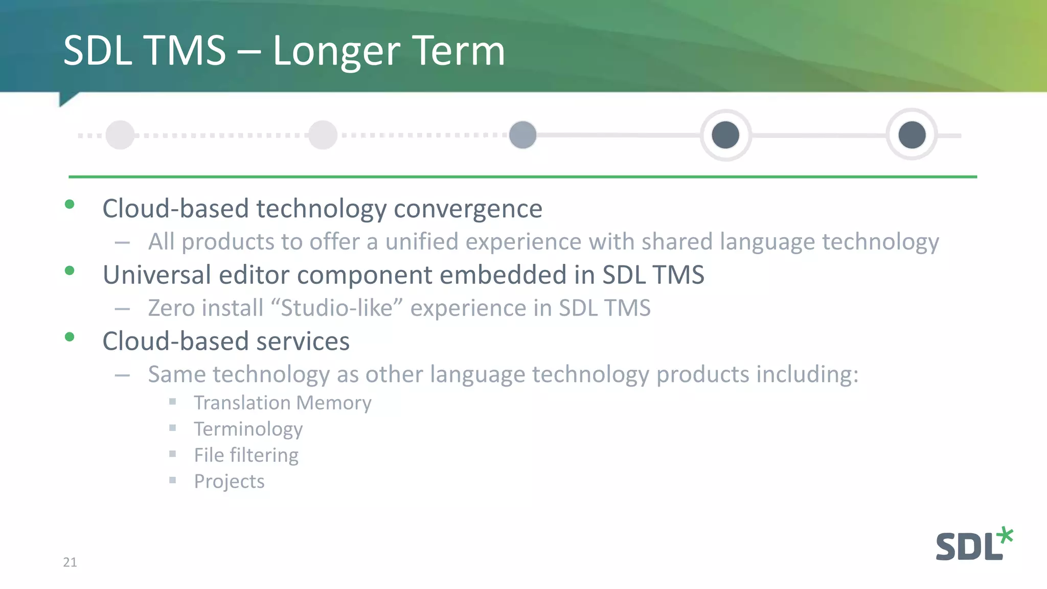 • Cloud-based technology convergence
– All products to offer a unified experience with shared language technology
• Universal editor component embedded in SDL TMS
– Zero install “Studio-like” experience in SDL TMS
• Cloud-based services
– Same technology as other language technology products including:
 Translation Memory
 Terminology
 File filtering
 Projects
21
SDL TMS – Longer Term
 