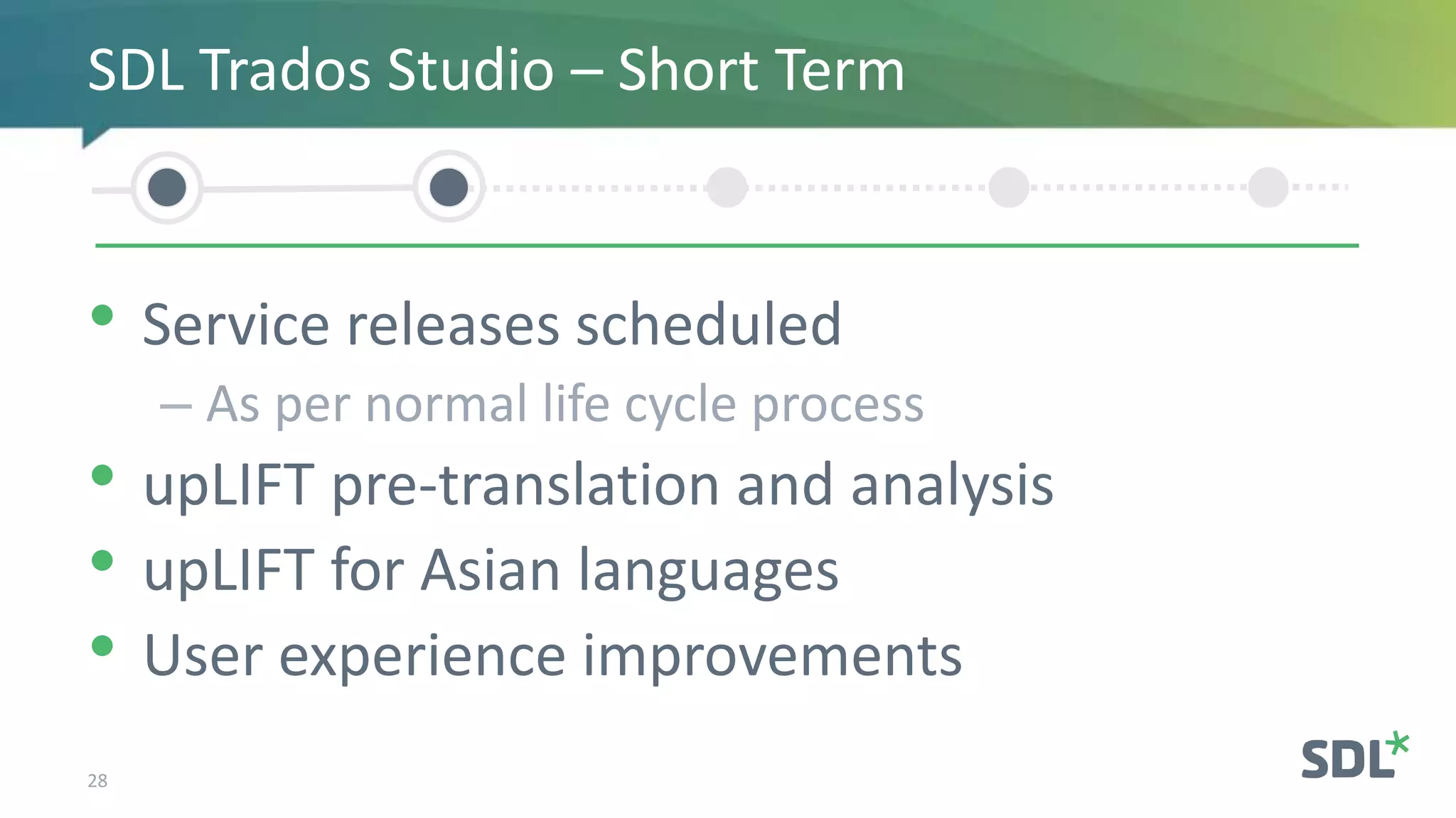 • Service releases scheduled
– As per normal life cycle process
• upLIFT pre-translation and analysis
• upLIFT for Asian languages
• User experience improvements
28
SDL Trados Studio – Short Term
 