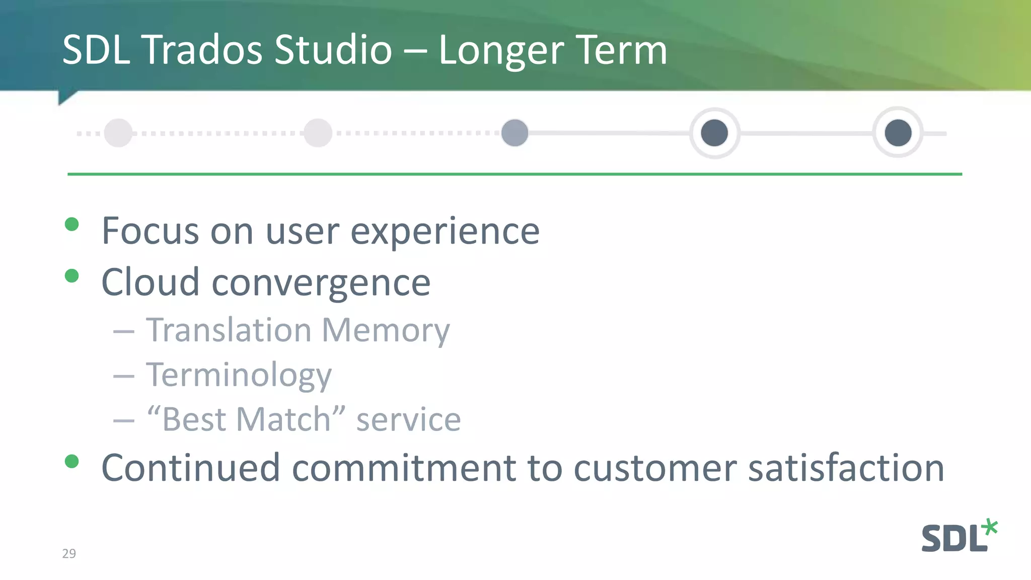 • Focus on user experience
• Cloud convergence
– Translation Memory
– Terminology
– “Best Match” service
• Continued commitment to customer satisfaction
29
SDL Trados Studio – Longer Term
 