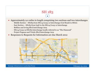 SH 183
                                                             ★

¬    Approximately 9.0 miles in length comprising two sections and two interchanges
       –    Middle Section – SH183 from SH114/Loop 12 Interchange (Carl Road) to SH161
       –    East Section – SH183 from I35E to the SH114/Loop 12 Interchange
       –    Beltline and Irving Blvd Interchange Area
       –    SH114/Loop 12/SH183 Interchange locally referred to as “The Diamond”
       –    Project Pegasus and Trinity Blvd Interchange Area
¬  Responses to Requests for Information are due March 2012




                      International
                        Parkway            SH 161
                                                                 Carl Road
                                                                                       SH 114



                                                                                                       Pegasus
                                                                                                        Project

                                  West              Middle                      SH 114
                            (NTE Segment 2E)                                 Interchange

                                                                                                East



Strategic Infrastructure Leadership Forum                                                                  February 23, 2012
 