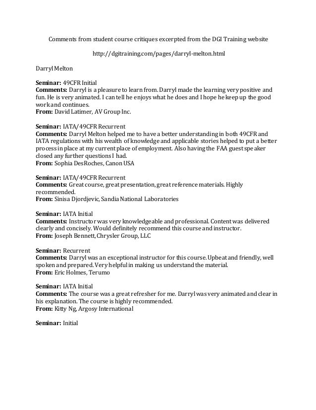 Comments from student course critiques excerpted from the DGI Trainin…