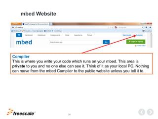 TM
34
mbed Website
Compiler
This is where you write your code which runs on your mbed. This area is
private to you and no one else can see it. Think of it as your local PC. Nothing
can move from the mbed Compiler to the public website unless you tell it to.
 