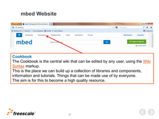 TM
28
mbed Website
Cookbook
The Cookbook is the central wiki that can be edited by any user, using the Wiki
Syntax markup....