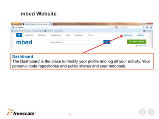 TM
33
mbed Website
Dashboard
The Dashboard is the place to modify your profile and log all your activity. Your
personal co...