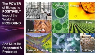 • Source here
The POWER
of Biology to
POSITIVELY
Impact the
World is
PROFOUND
Materials
Human Health
Natural Products Phar...