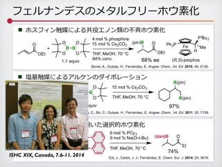 フェルナンデスのメタルフリーホウ素化
ホスフィン触媒による共役エノン類の不不⻫斉ホウ素化■
Bonet, A.; Gulyás, H.; Fernández, E. Angew. Chem., Int. Ed. 2010, 49, 5130.
塩基触媒によるアルケンのダイボレーション■
Bonet, A.; Pubill-Ulldemolins, C.; Bo, C.; Gulyás, H.; Fernández, E. Angew. Chem., Int. Ed. 2011, 50, 7158.
B B
O
O O
O
+
1.1 equiv
15 mol % Cs2CO3
THF, MeOH, 70 °C
B(pin)
B(pin)
97%
⾮非対称ジボラン(4)を⽤用いた選択的ホウ素化■
Cid, J.; Carbó, J. J.; Fernández, E. Chem. Eur. J. 2014, 20, 3616.
O
OEt
O
OEt
(pin)B
88% ee
FePh2P
PtBu2
H
Me
(R,S)-josiphos
B B
O
O O
O
+
1.1 equiv
4 mol % phosphine
15 mol % Cs2CO3
THF, MeOH, 70 °C
94% conv.
(pin)B B
HN
HN
+
6 mol % PCy3
9 mol % Na(O-t-Bu)
THF, MeOH, 70 °C
74%
O
Et
O
Et
(dan)B
ISHC XIX, Canada, 7.6-11. 2014
 