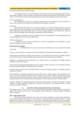 ISSUES AND CONCERNS IN THE INTEGRATION OF PEACE EDUCATION IN HIGHER ...