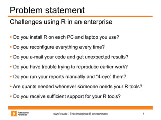 3ownR suite - The enterprise R environment
Problem statement
 Do you install R on each PC and laptop you use?
 Do you reconfigure everything every time?
 Do you e-mail your code and get unexpected results?
 Do you have trouble trying to reproduce earlier work?
 Do you run your reports manually and “4-eye” them?
 Are quants needed whenever someone needs your R tools?
 Do you receive sufficient support for your R tools?
Challenges using R in an enterprise
 