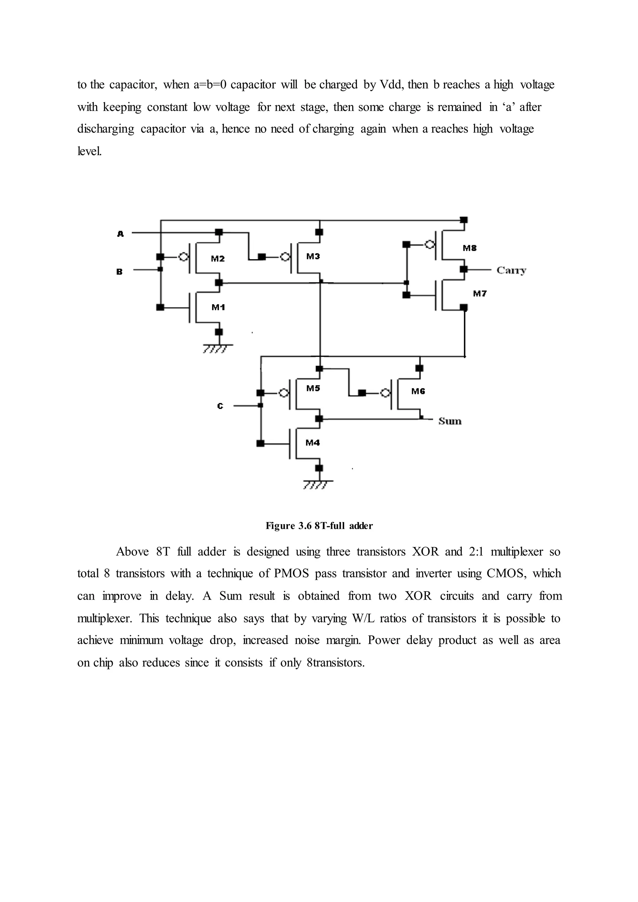 to the capacitor, when a=b=0 capacitor will be charged by Vdd, then b reaches a high voltage
with keeping constant low voltage for next stage, then some charge is remained in ‘a’ after
discharging capacitor via a, hence no need of charging again when a reaches high voltage
level.
Figure 3.6 8T-full adder
Above 8T full adder is designed using three transistors XOR and 2:1 multiplexer so
total 8 transistors with a technique of PMOS pass transistor and inverter using CMOS, which
can improve in delay. A Sum result is obtained from two XOR circuits and carry from
multiplexer. This technique also says that by varying W/L ratios of transistors it is possible to
achieve minimum voltage drop, increased noise margin. Power delay product as well as area
on chip also reduces since it consists if only 8transistors.
 